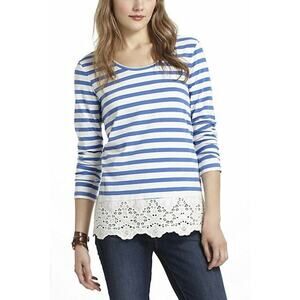 LILIS CLOSET Long Sleeve T-Shirt Eyelet Lace-Trim Striped Blue White Size Small